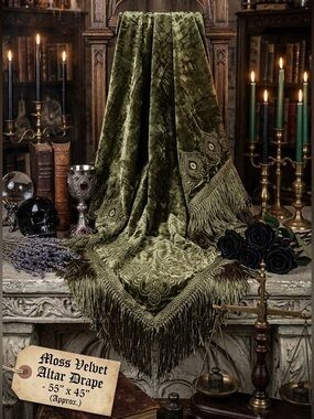 Vintage Velvet Embroidered Fringe Shawl Throw Moss Green OS